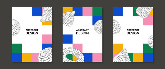 Colorful neo geometric design posters set. 3d torus, cone, cylinder and sphere shapes on checkered mosaic background. Set of retro futuristic templates for cover, banner, flyer. Vector pack