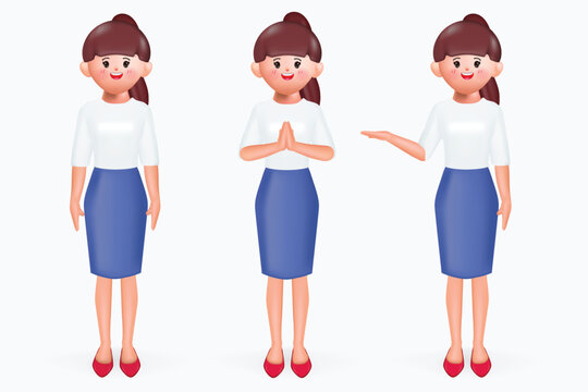 3d cartoon young woman character standing pose set. 3d vector illustration.