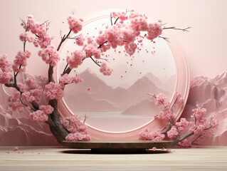 A product podium adorned with delicate pink sakura blossoms, a harmonious fusion of elegance and nature's charm. Product display podium. Generative AI