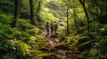 Obraz premium A young couple hiking through a picturesque forest, surrounded by lush greenery and a serene atmosphere
