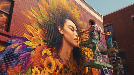 An artist painting a vibrant mural on the side of a building