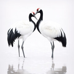 Two very beautiful red-crowned cranes on light 
