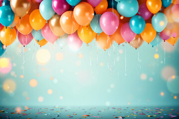 Decorative multi-coloured balloons confetti splashes background mock-up