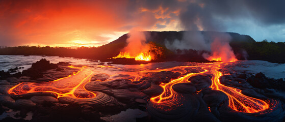 Highly detailed HD image of volcano erupting with lava pouring into sea smoke background