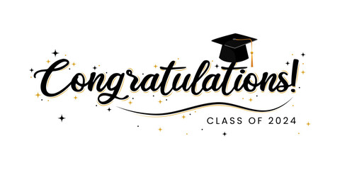 Congratulations Class of 2024 greeting sign. Congrats Graduated. Congrats banner. Handwritten brush lettering. Isolated vector text for graduation design, greeting card, poster, invitation