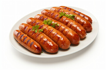 Grilled sausages on a white plate isolated on white background with herb garnishes mock-up