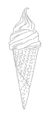 Hand drawing illustration of a soft serve ice cream cone. The snack part is made of a cone, and ice cream is placed on top of the cone.