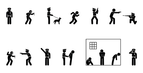 policeman icon, criminal detention illustration, stick figure people with guns