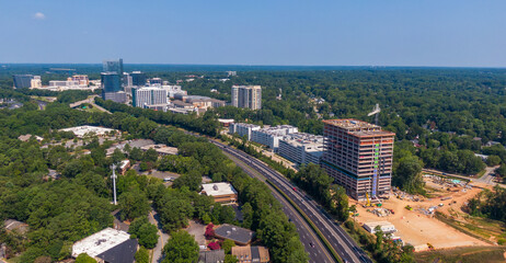 Sunny Daytime Aerial Drone Image of the North Hills Section of Raleigh North Carolina: Architecture, Travel, Business, Real Estate