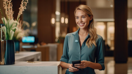Close-up of a female hotel front desk clerk expertly handling a phone call