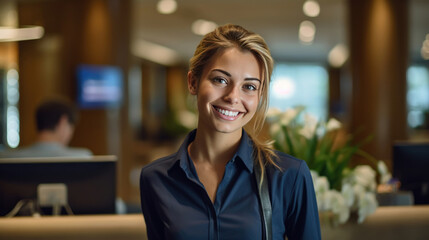 Fototapeta premium Close-up of a female hotel front desk clerk expertly handling a phone call