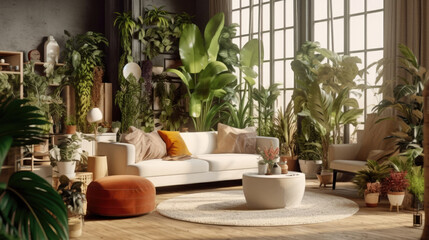 A modern living room adorned with lush indoor plants