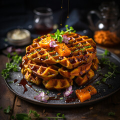 Delicious sweet potato waffle with herb garnishes on a black background
