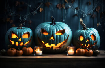 Trio of Blue Jack-o'-Lanterns on Spooky Table