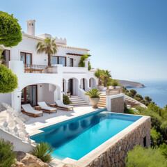 Luxurious House on the Mediterranean with a Beach View. Created Using Generative AI
