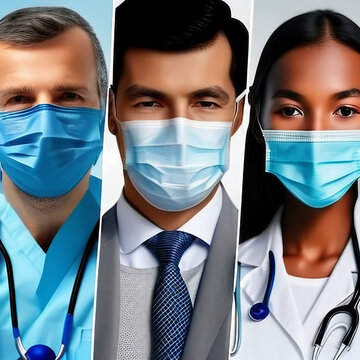 Close Up Of Diverse Doctors And Nurses Wearing Surgical Masks For Coronavirus Pandemic