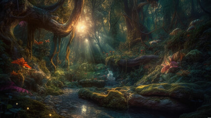 A beautiful fairytale enchanted forest with big trees and great vegetation. Digital painting background created with Generative AI technology