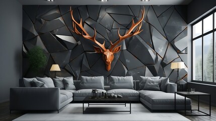 3d interior wall art decor living room with stereo deer animal and abstract geometric crack stone wall generative ai - obrazy, fototapety, plakaty