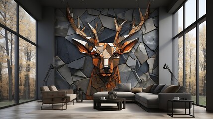 3d interior wall art decor living room with stereo deer animal and abstract geometric crack stone wall generative ai - obrazy, fototapety, plakaty