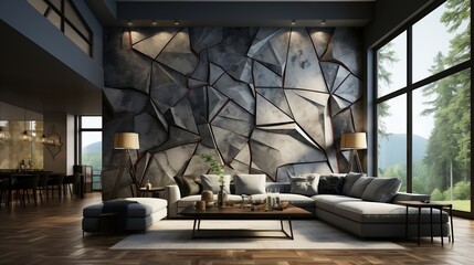 3d interior wall art decor living room with stereo deer animal and abstract geometric crack stone wall generative ai