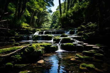 Naklejka premium Clean river in the forest with green moss background
