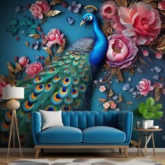Luxury Flowers with Peacock Illustration Background. 3D Interior Mural Painting and wall art Decor generative ai