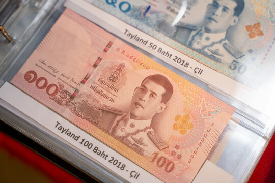 100 Thai Baht banknote at the flea market. Ankara, Turkey - August 6, 2023.