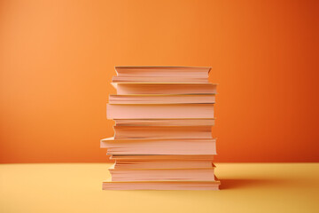 A stack of pastel orange files and books standing and isolated on a orange background