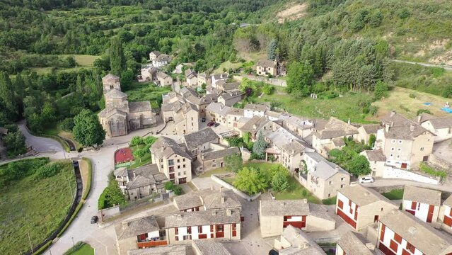 Aerial view of landscape of spanish village of Santa Cruz de la Seros on sunny day. Spain. High quality 4k footage