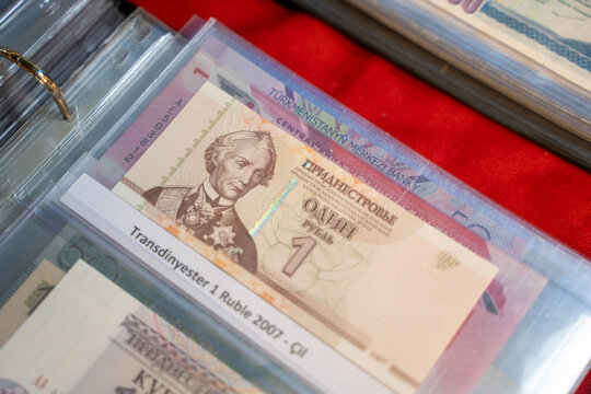 Transdinyester 1 ruble banknote at the flea market. Ankara, Turkey - August 6, 2023.