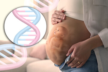 Noninvasive prenatal testing (NIPT). Double exposure of pregnant woman and little baby....