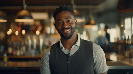 Fototapeta premium A young black smiling bartender or waiter standing indoors in a bar or restaurant while wearing a vest.