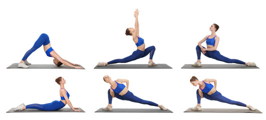 Young woman practicing yoga on white background. Collage with different asanas