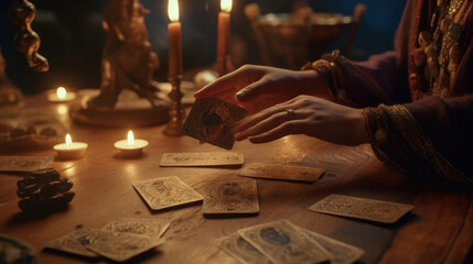 Close-up of symbolism of tarot cards on the table