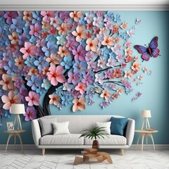 Multicolor flower with leaves and butterflies above on the tree illustration Background. 3D abstraction interior wall art decor wallpaper generative ai
