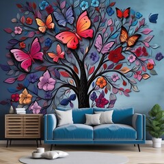 Multicolor flower with leaves and butterflies above on the tree illustration Background. 3D abstraction interior wall art decor wallpaper generative ai