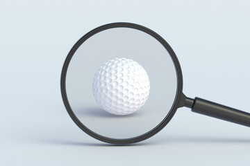 Golf ball behind magnifying glass. 3d render