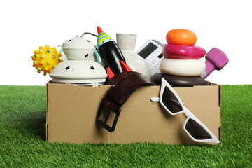 Box with different stuff on green grass against white background. Garage sale