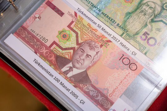 Turkmenistan 100 manat banknote at the flea market. Ankara, Turkey - August 6, 2023.