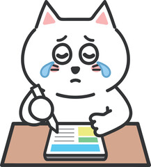 White cartoon cat shed tears with tablet PC, vector illustration.