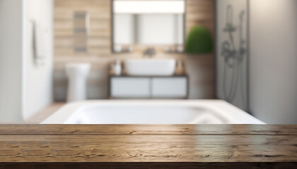Empty wooden table and blurred view of stylish bathroom interior