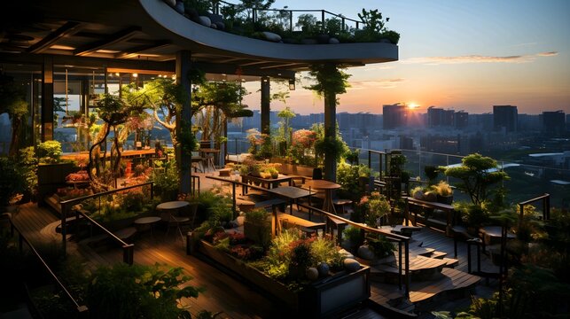 A green rooftop with cityscape while sunset