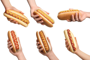 Collage with photos of people holding tasty hot dogs on white background, closeup