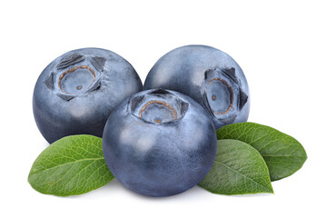 Fresh ripe blueberries with green leaves isolated on white