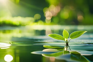 Mini green plant rising in the water and sun rays are falling on it 