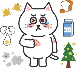 Itchy white cat has various allergic reactions, vector illustration.