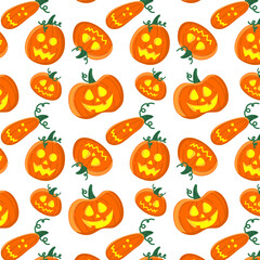 Background for textiles, decorative element for the autumn festival, Halloween party. Autumn pumpkin pattern with leaves and mushrooms, fun Halloween.