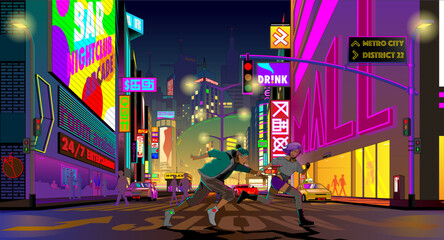 Metro City illustration in Cyberpunk style, Young Teens running together at night in Metro City, cyberpunk style vector illustration. all symbols are fictional as well.