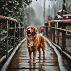 Dog on a wet bridge, golden retriever