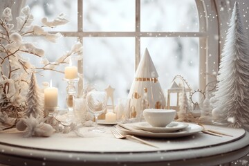 Fantastic Shot of some Decorations on the Top of a White Desk and as a Background a Huge Window with the Snow Everywhere!